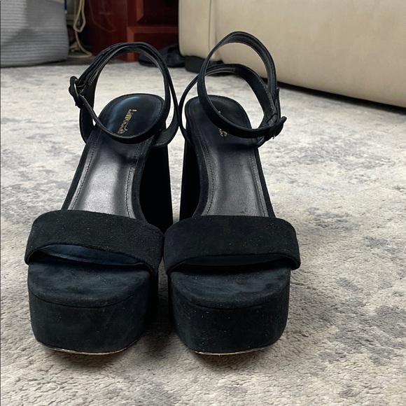 Larroude Dolly Sandal In Black Suede Platform Chunky Heels Sz 10 - Picture 6 of 16
